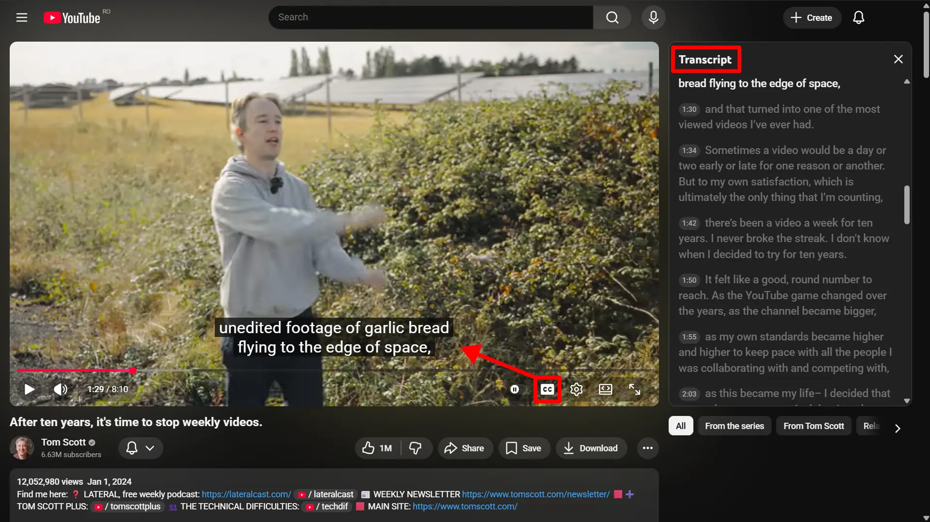 screenshot of a video on Youtube. The red border shows the location of the button used to toggle captions. Captions are shown in the bottom center part of the video. Another red border highlights the panel with the transcription of the video.