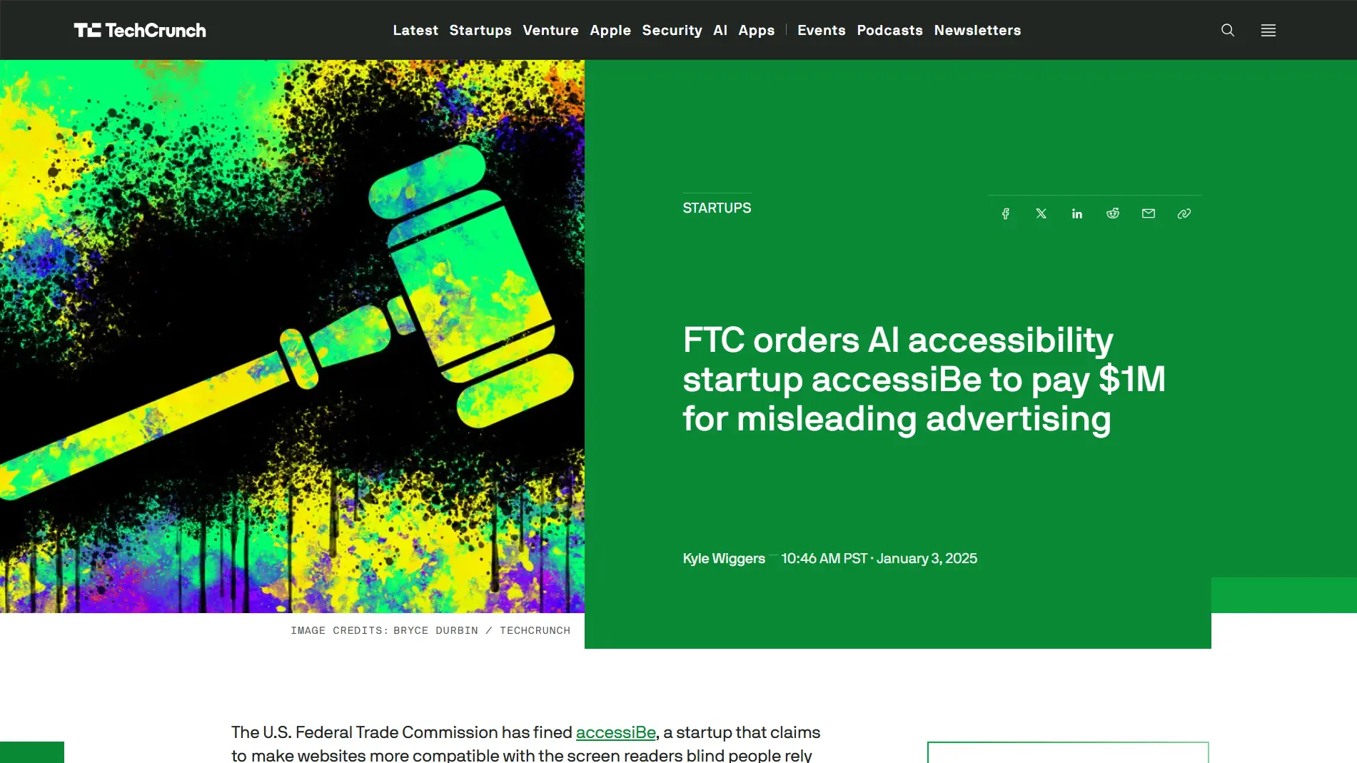 a screenshot of an article with the title: FTC orders AI accessibility startup accessiBe to pay $1M for misleading advertising
